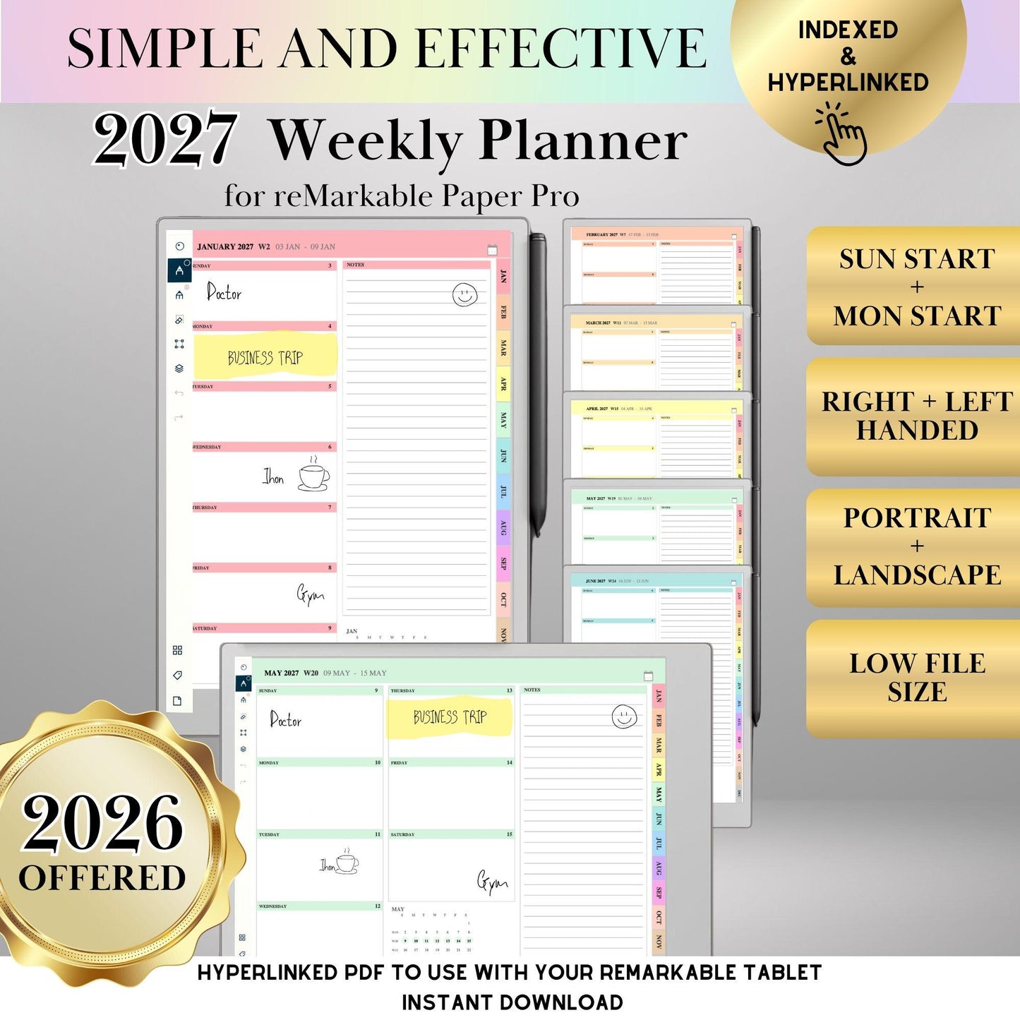reMarkable Paper Pro & 2 — 2027 Weekly Planner, Minimalist Calendar