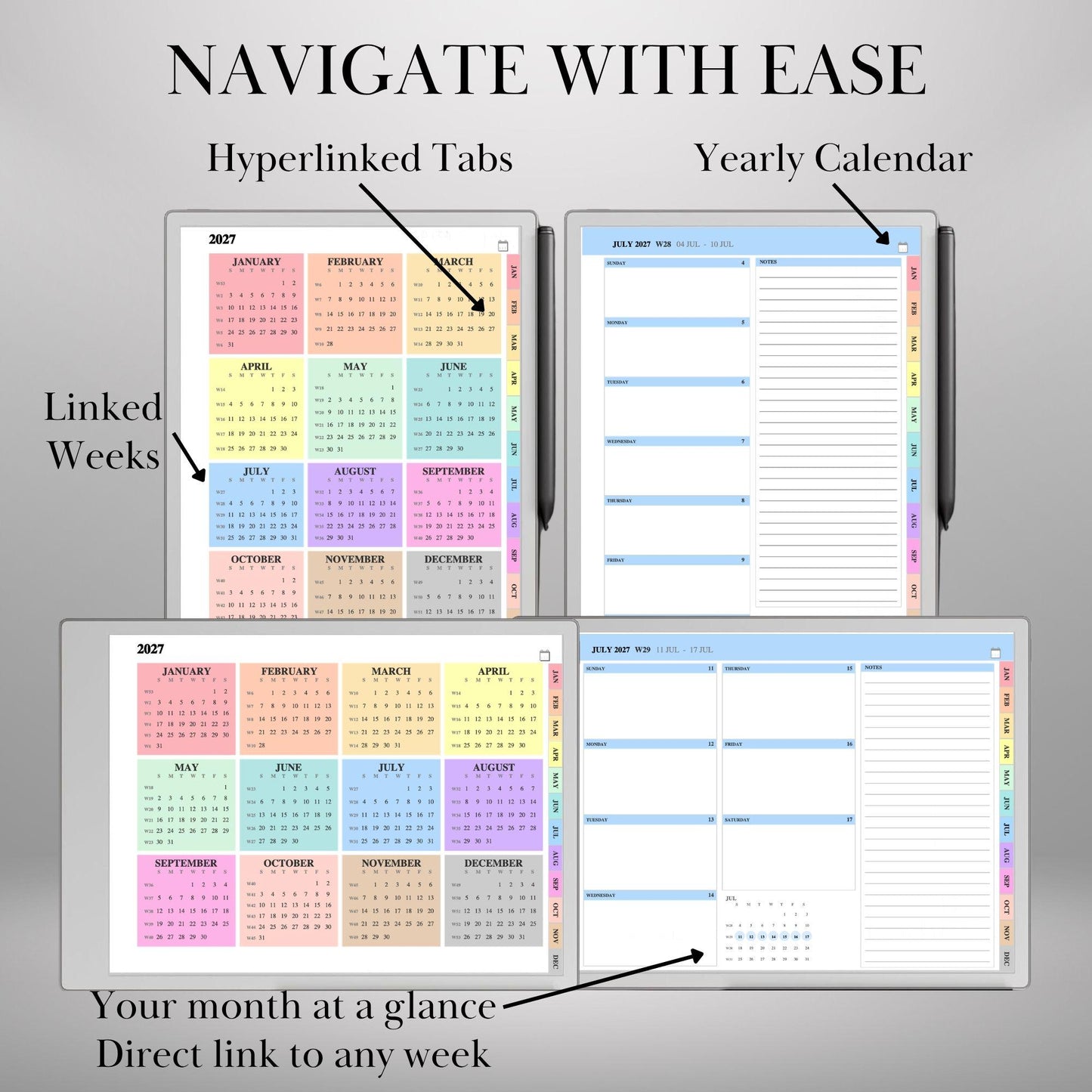 reMarkable Paper Pro & 2 — 2027 Weekly Planner, Minimalist Calendar