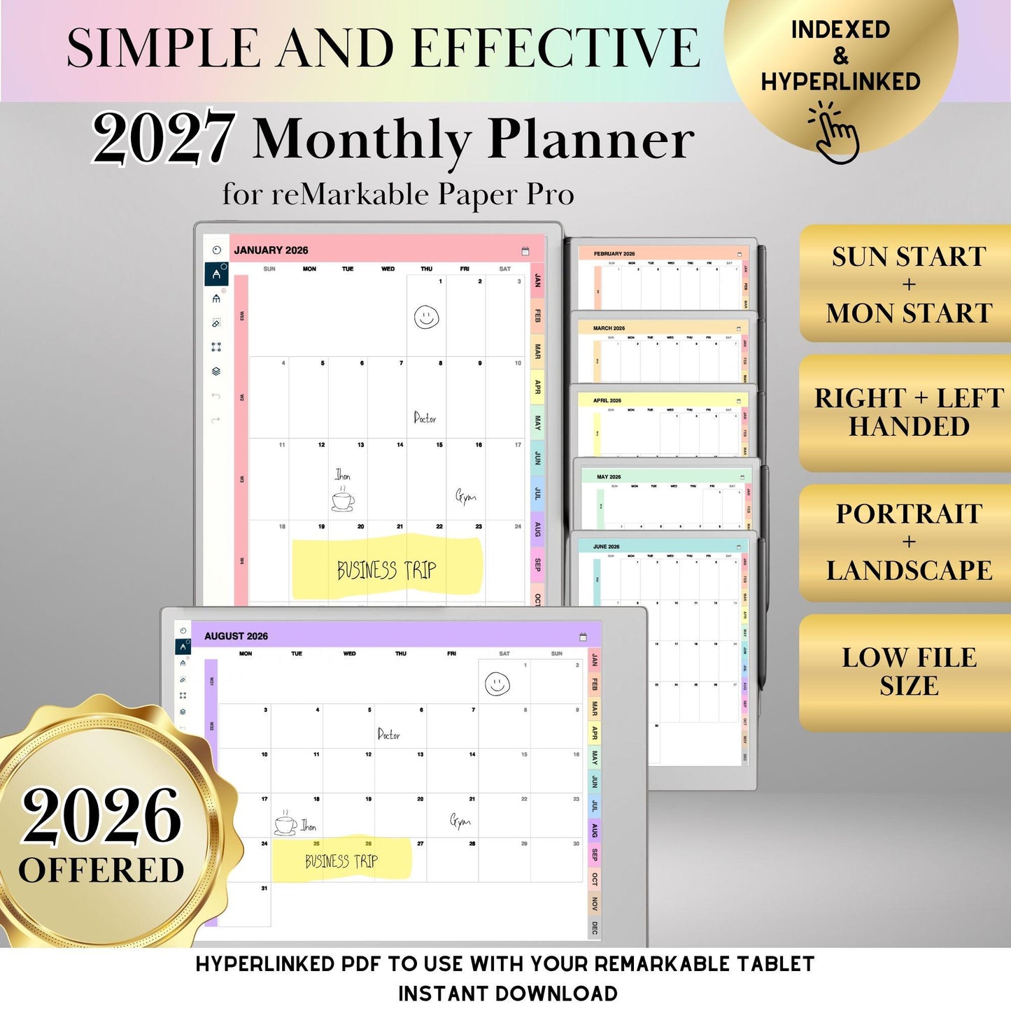 reMarkable Paper Pro — Monthly Planner 2027, full-page calendar & year overview