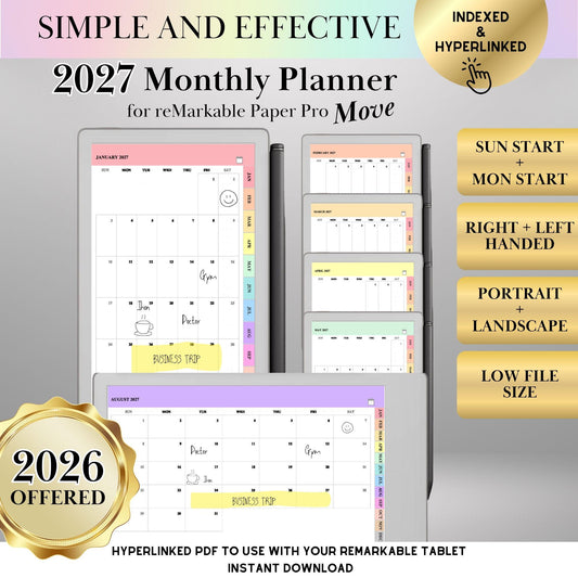 reMarkable Paper Pro Move — Monthly Planner 2027, full-page calendar & year overview