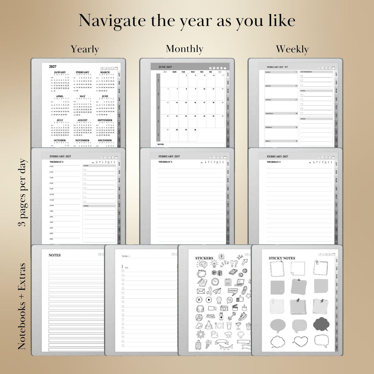 reMarkable Paper Pure & 2 — Daily Planner 2026-2027, dated calendar with stickers