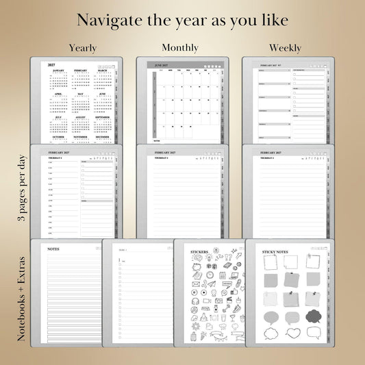 reMarkable Paper Pure & 2 — Daily Planner 2026-2027, dated calendar with stickers