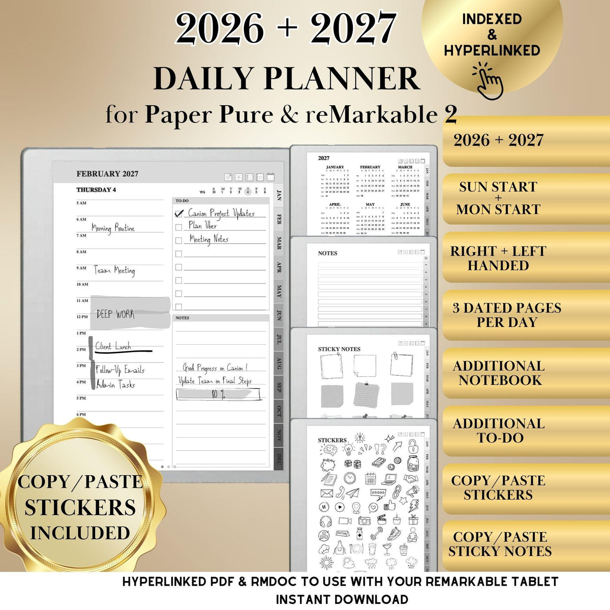 2026 + 2027 Daily Planner for Paper Pure  reMarkable 2 — Dated Monthly, Weekly, Daily Calendar + To-Do, Stickers & Sticky Notes