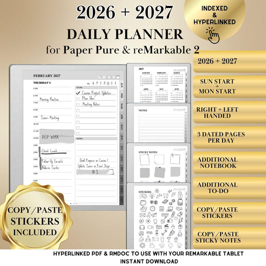 2026 + 2027 Daily Planner for Paper Pure  reMarkable 2 — Dated Monthly, Weekly, Daily Calendar + To-Do, Stickers & Sticky Notes