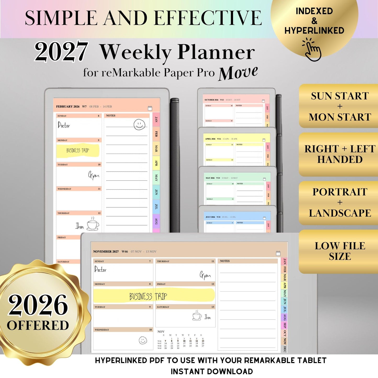 reMarkable Paper Pro Move — Weekly Planner 2027, dated calendar Sun & Mon start, portrait & landscape