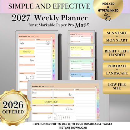 reMarkable Paper Pro Move — Weekly Planner 2027, dated calendar Sun & Mon start, portrait & landscape