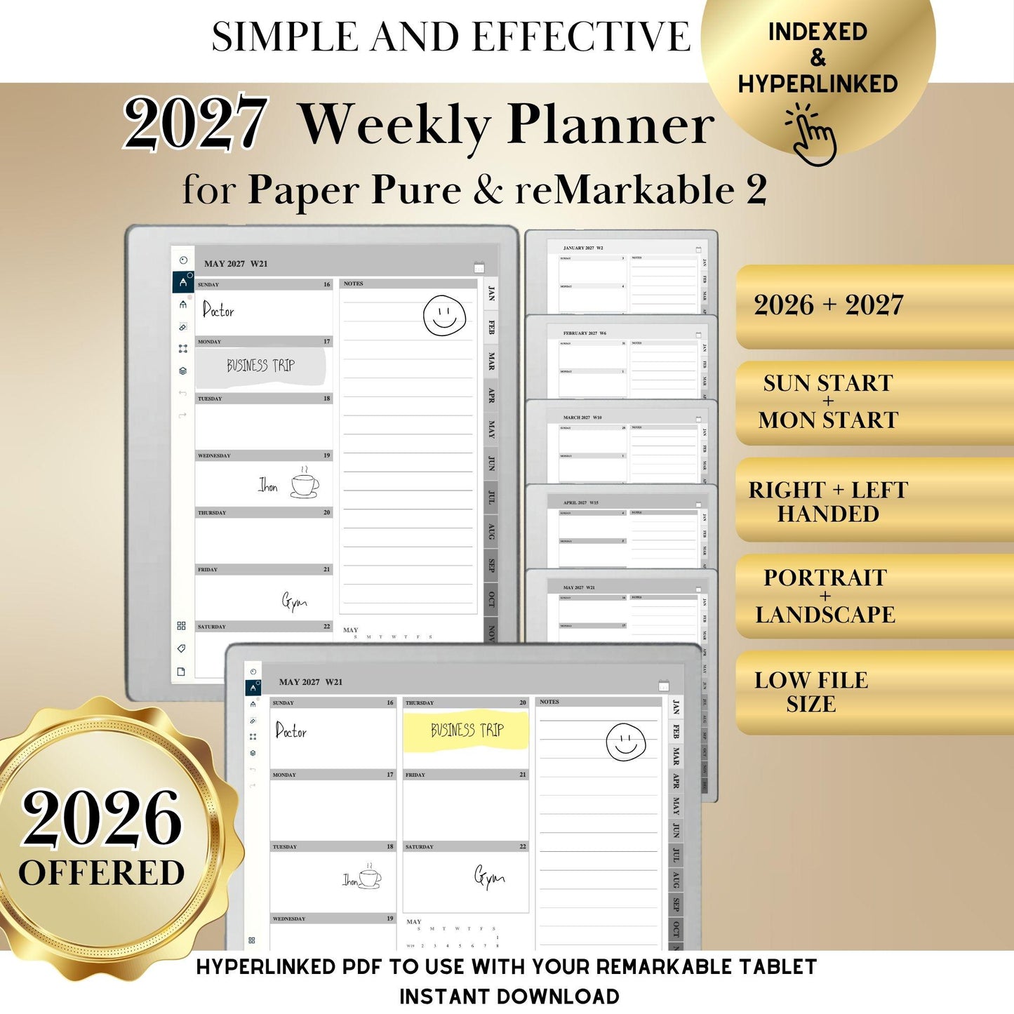 reMarkable Paper Pure & 2 — 2027 Weekly Planner, Minimalist Calendar