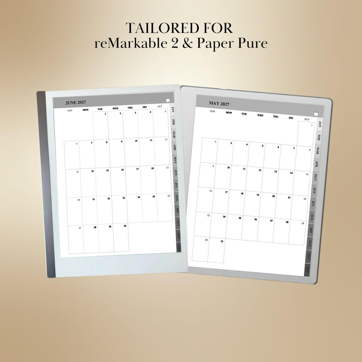 reMarkable Paper Pure & 2 — Monthly Planner 2027, full-page calendar & year overview