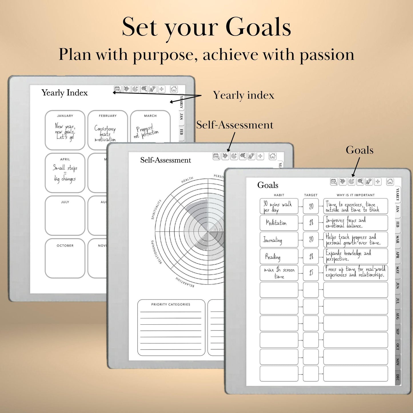 reMarkable Paper Pure & 2 — Habit Tracker, Hyperlinked Goal Planner