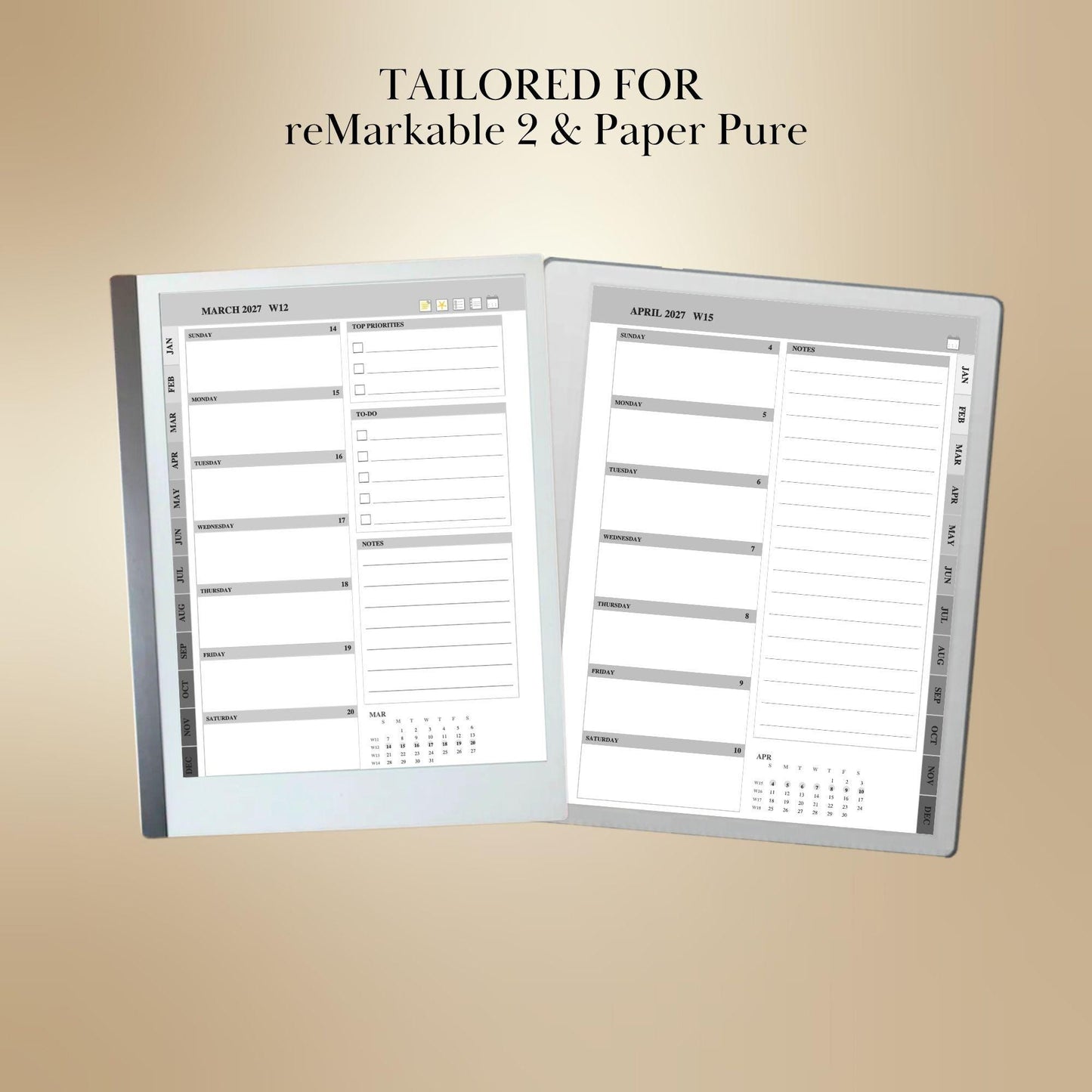 reMarkable Paper Pure & 2 — 2027 Weekly Planner, Minimalist Calendar