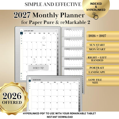 2027 Monthly Calendar for reMarkable Paper Pure & reMarkable 2 | Minimalist Hyperlinked Monthly Planner + 2026