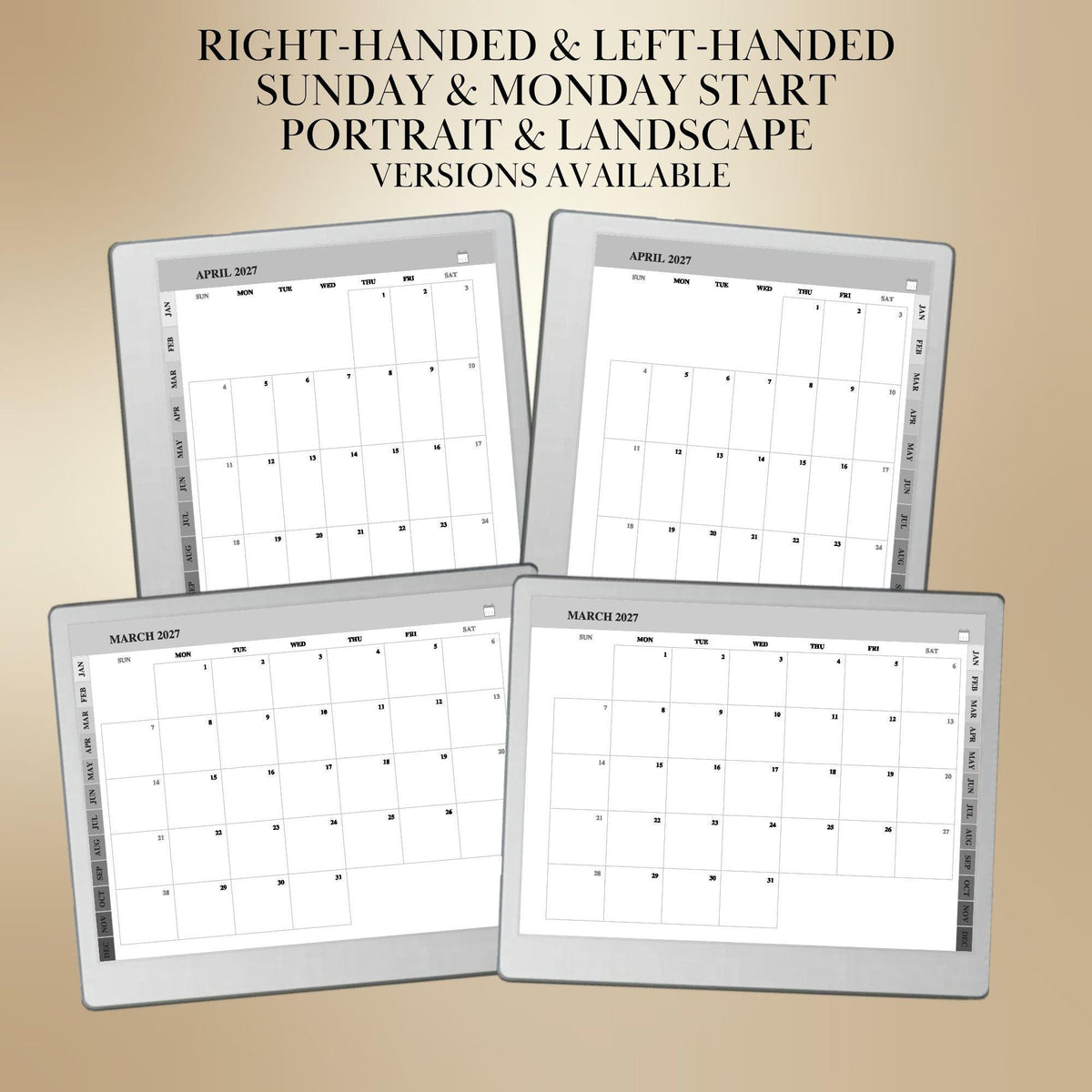 reMarkable Paper Pure & 2 — Monthly Planner 2027, full-page calendar & year overview