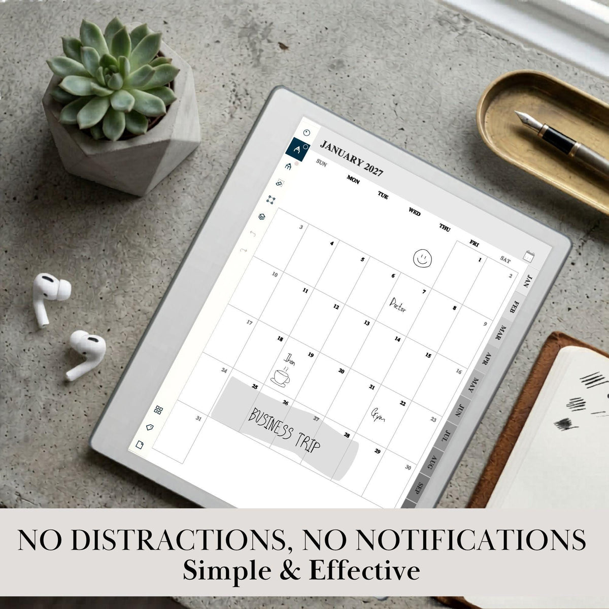 reMarkable Paper Pure & 2 — Monthly Planner 2027, full-page calendar & year overview