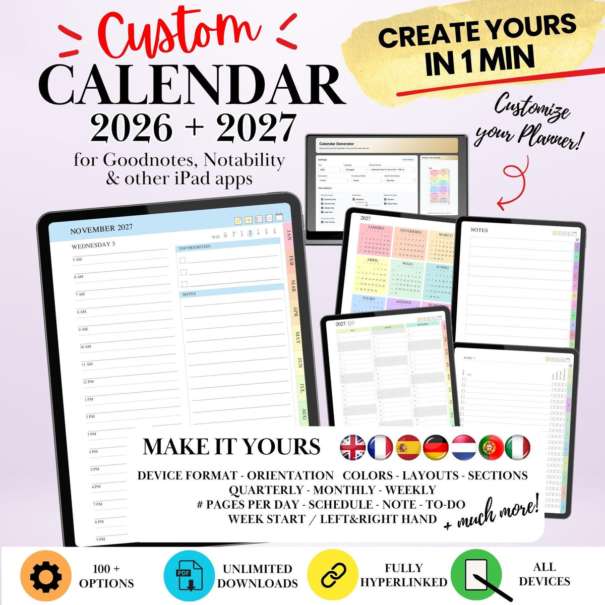 Custom 2026 2027 Calendar Planner Creator for iPad, Goodnotes, Notability, Noteshelf | Build Your Own Digital Planner with tabs in 1 Minute