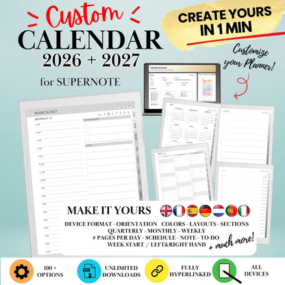 Custom 2026 2027 Calendar Planner Creator for Supernote A5X, A6X, Manta, Nomad |Make Your Own Yearly Monthly Weekly Daily Planner