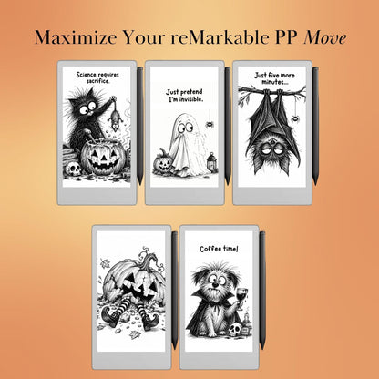 reMarkable Paper Pro Move — Halloween Sleep Screens, 15 funny designs color + B&W