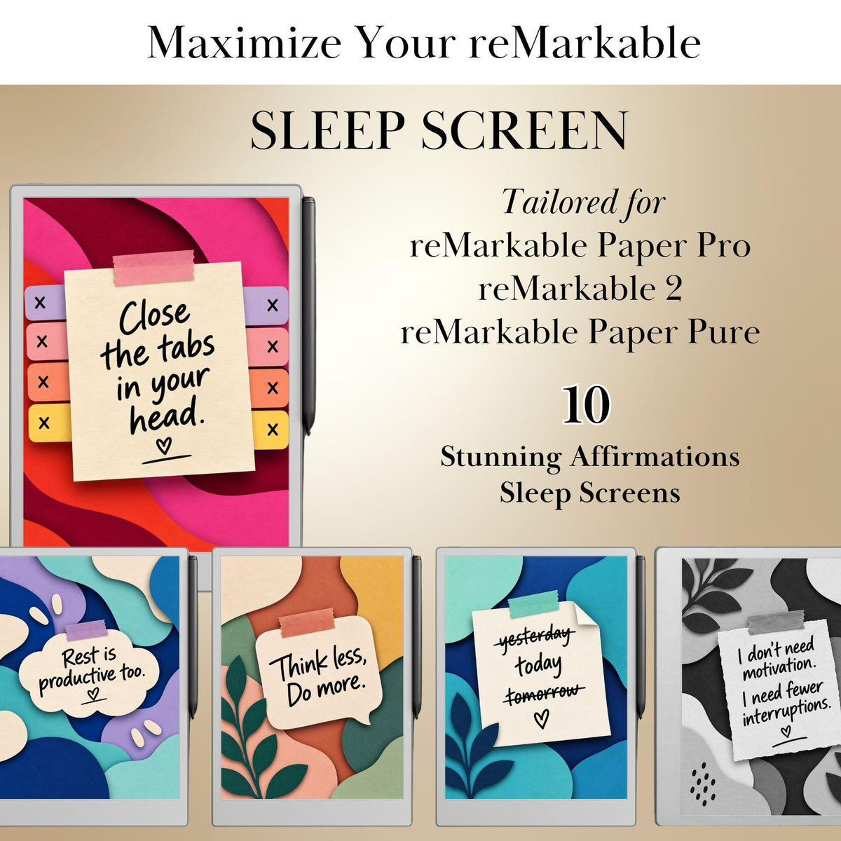 Affirmations Sleep Screen Bundle for reMarkable Paper Pro, reMarkable Paper Pure & reMarkable 2 | Remarkable Templates
