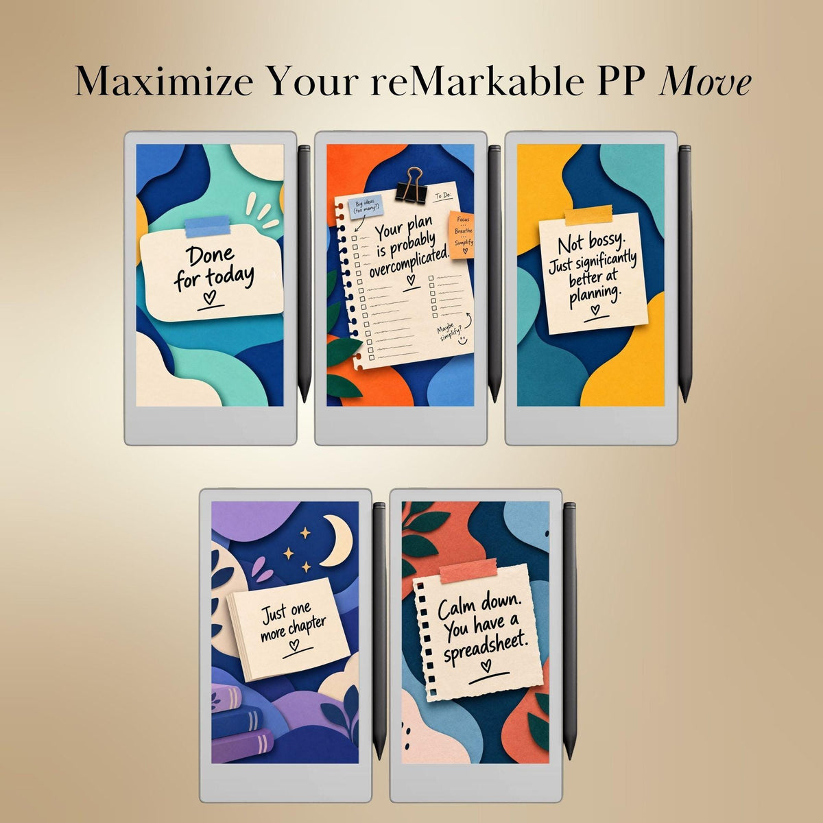reMarkable Paper Pro Move — Funny Productivity Sleep Screens, papercut sticky notes