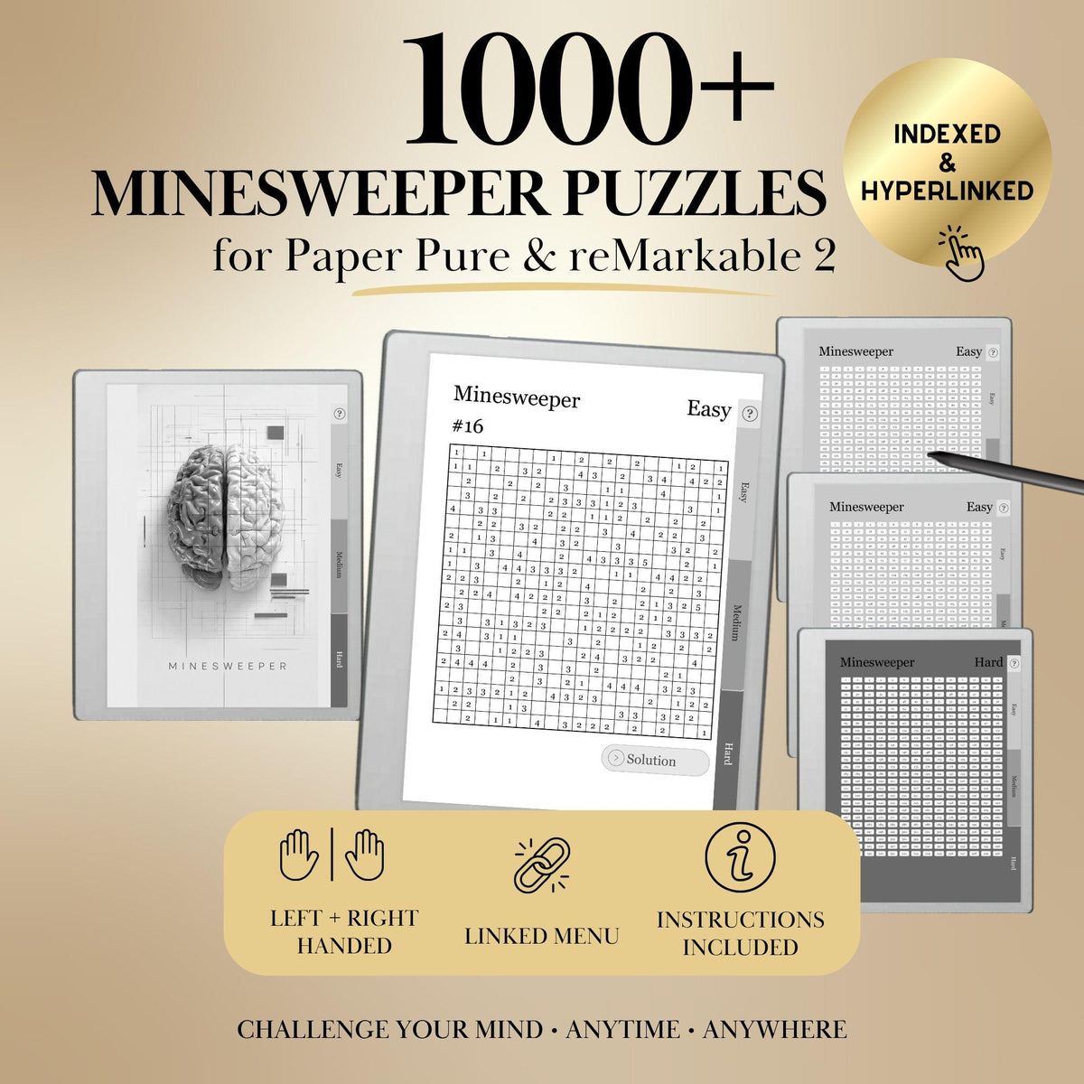 Minesweeper Puzzle Book for reMarkable 2 & reMarkable Paper Pure Templates Hyperlinked reMarkable Activity Game e-ink template