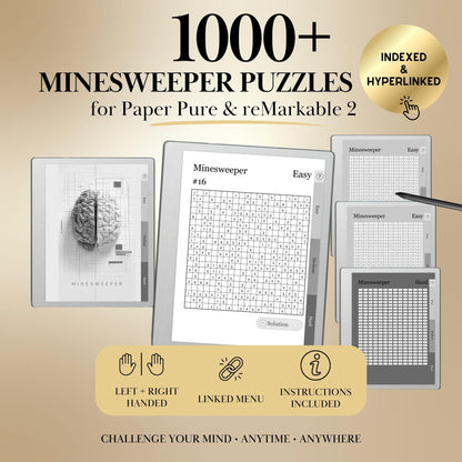 Minesweeper Puzzle Book for reMarkable 2 & reMarkable Paper Pure Templates Hyperlinked reMarkable Activity Game e-ink template