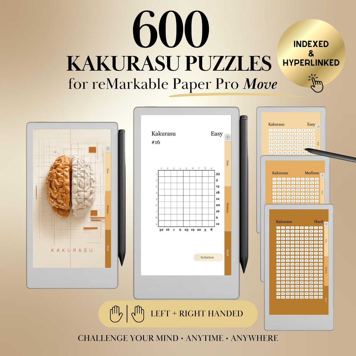 Kakurasu Puzzle Book for reMarkable Paper Pro Move Template: 600 Hyperlinked Brain Games e-ink tablet Templates