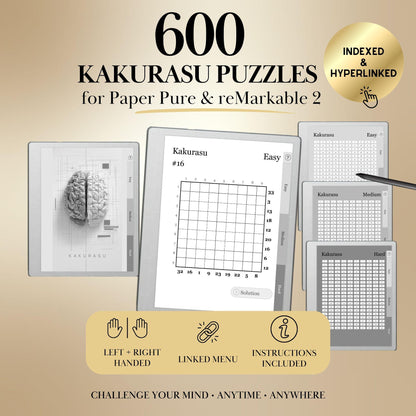 Kakurasu Puzzle Book for reMarkable 2 & reMarkable Paper Pure Templates Hyperlinked reMarkable Activity Game e-ink template