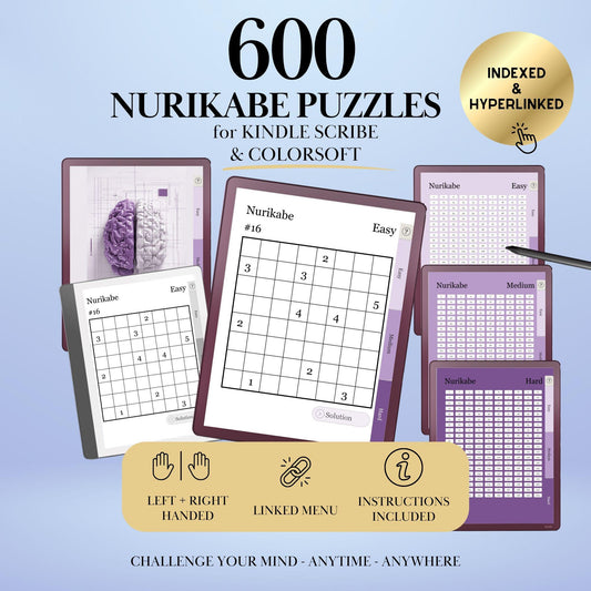 Kindle Scribe Templates Nurikabe Puzzle Book | Hyperlinked Kindle Scribe Inserts | 600 Brain Training Game eInk Tablets