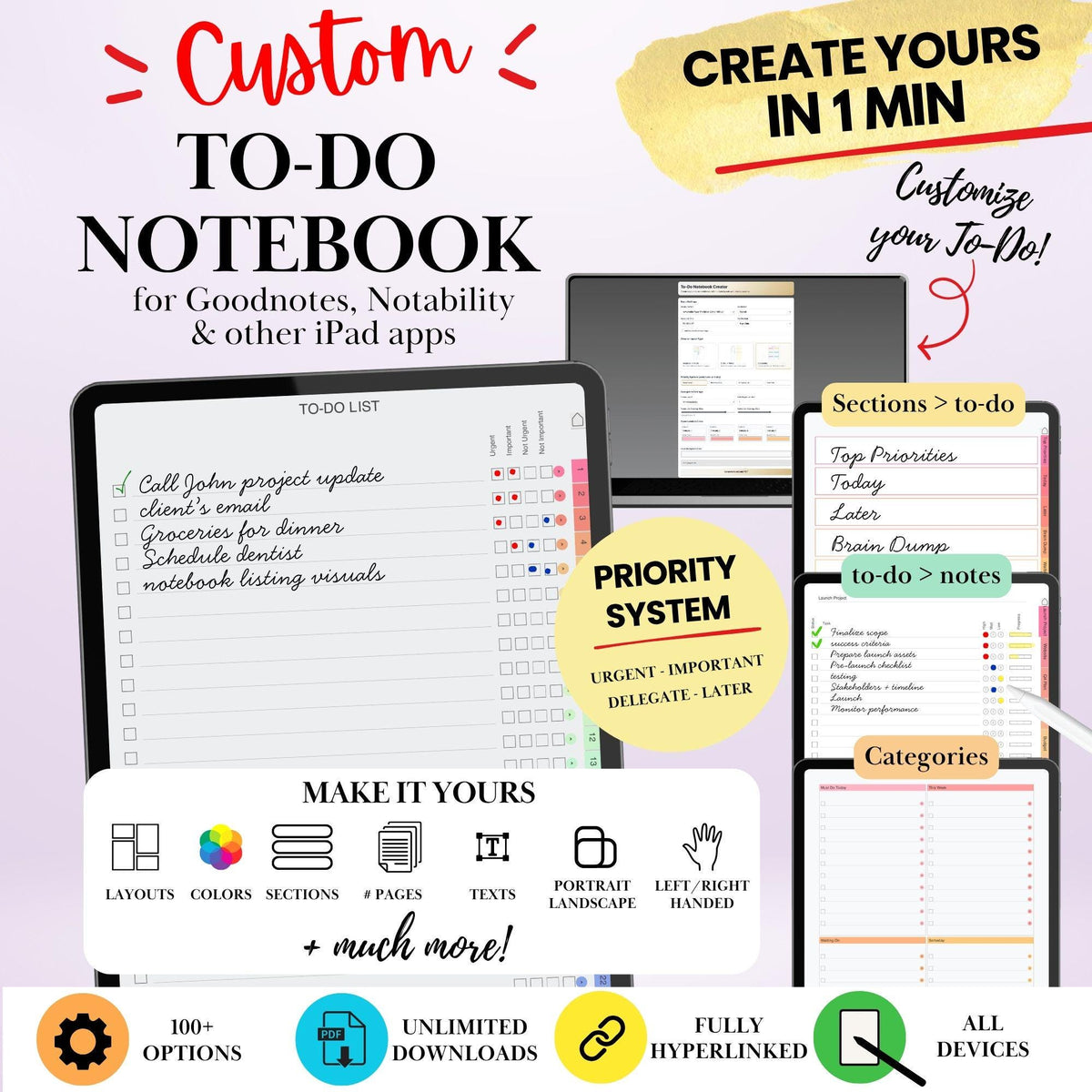 Custom To-Do List Template Creator for iPad, Goodnotes, Notability, Noteshelf  | Build Your Own Custom Hyperlinked Task Tracker
