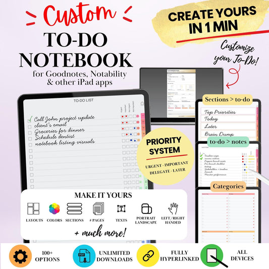 Custom To-Do List Template Creator for iPad, Goodnotes, Notability, Noteshelf  | Build Your Own Custom Hyperlinked Task Tracker