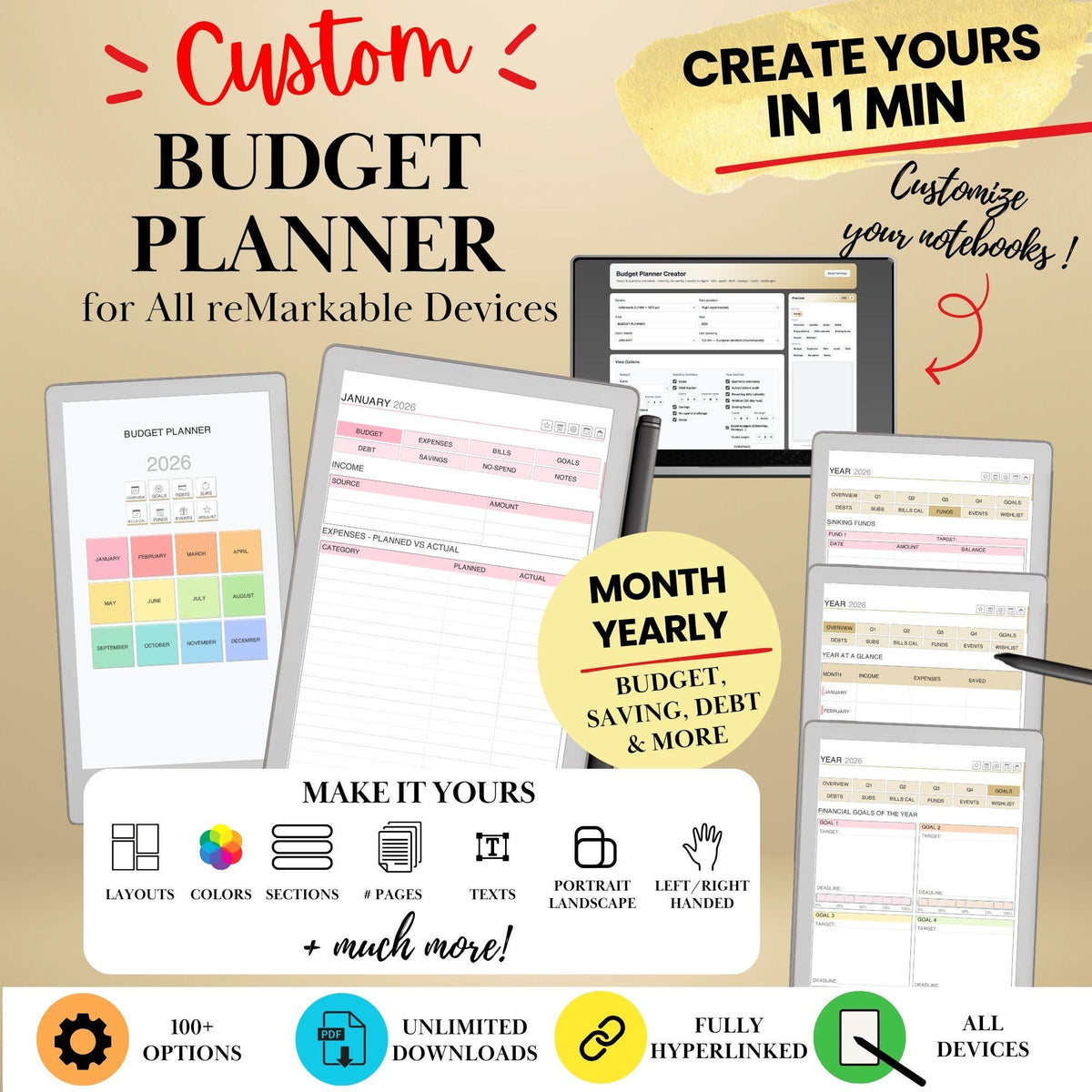 Budget Planner Creator for reMarkable Paper Pro Move, Paper Pure, rM2 | Build Your Own Custom Monthly Budgets, Savings, Debt Snowball