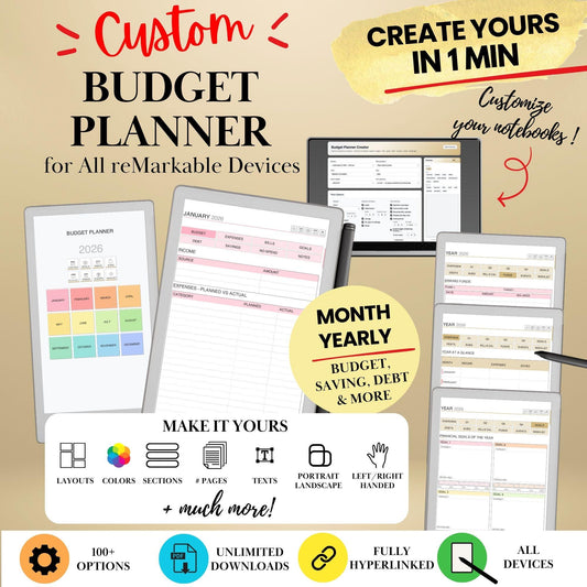 Budget Planner Creator for reMarkable Paper Pro Move, Paper Pure, rM2 | Build Your Own Custom Monthly Budgets, Savings, Debt Snowball