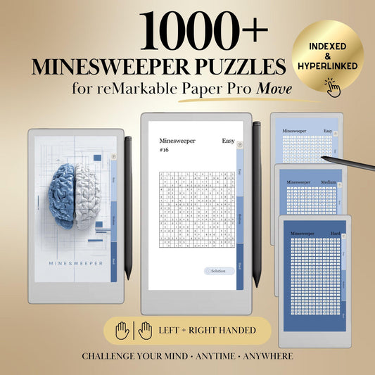 Minesweeper Puzzle Book for reMarkable Paper Pro Move Template: 1000+ Hyperlinked Brain Games e-ink tablet Templates