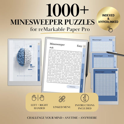 Minesweeper Puzzle Book for reMarkable Paper Pro Template Hyperlinked remarkable Puzzle Game for e-ink tablet Templates