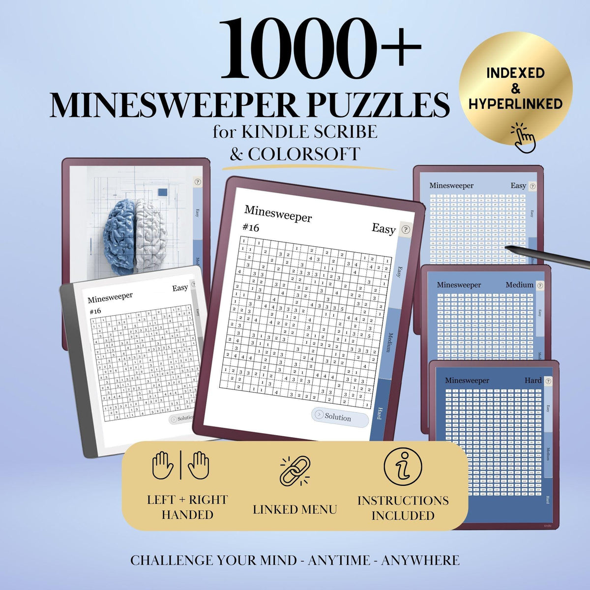 Kindle Scribe Templates Minesweeper Puzzle Book | Hyperlinked Kindle Scribe Inserts | 1000+ Brain Training Game eInk Tablets