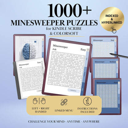 Kindle Scribe Templates Minesweeper Puzzle Book | Hyperlinked Kindle Scribe Inserts | 1000+ Brain Training Game eInk Tablets