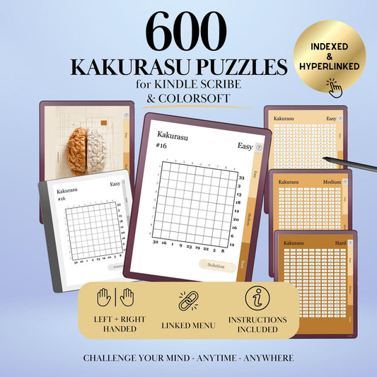 Kindle Scribe Templates Kakurasu Puzzle Book | Hyperlinked Kindle Scribe Inserts | 600 Brain Training Game eInk Tablets