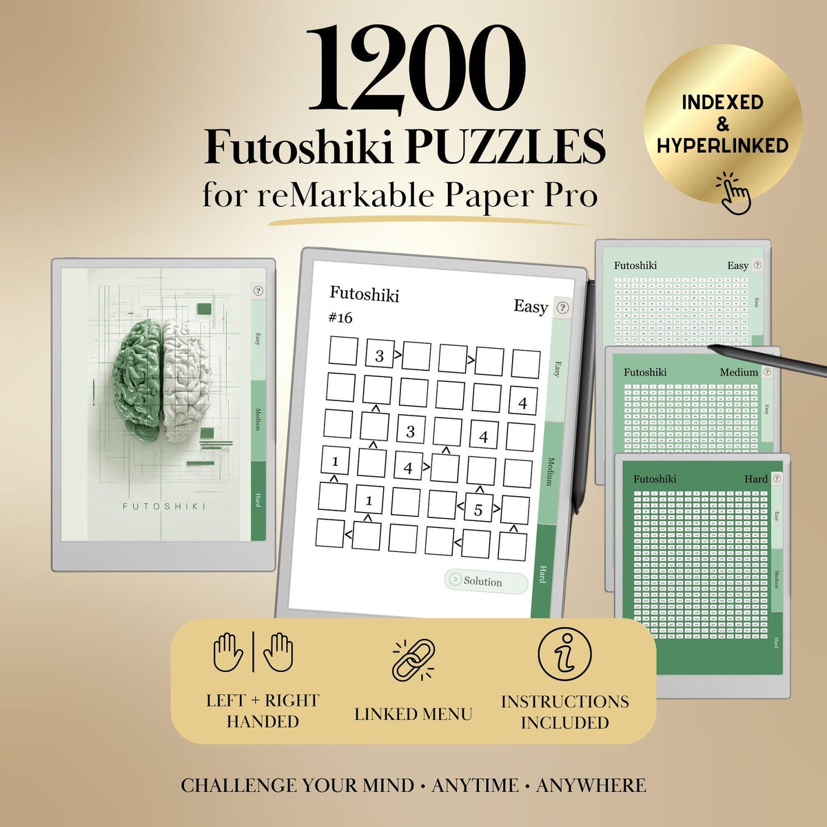 Futoshiki Puzzle Book for reMarkable Paper Pro Template Hyperlinked remarkable Puzzle Game for e-ink tablet Templates