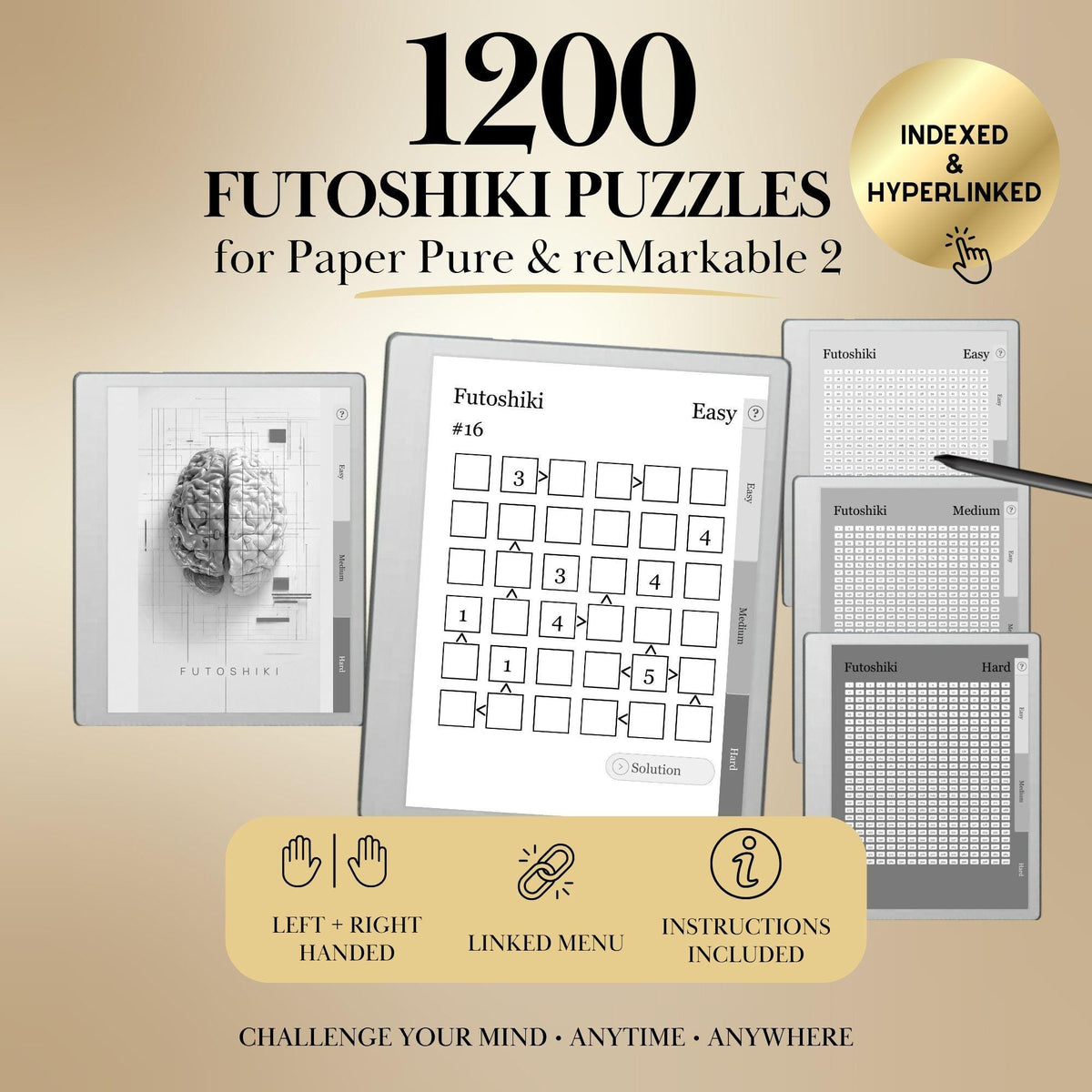 Futoshiki Puzzle Book for reMarkable 2 & reMarkable Paper Pure Templates Hyperlinked reMarkable Activity Game e-ink template