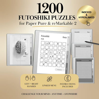 Futoshiki Puzzle Book for reMarkable 2 & reMarkable Paper Pure Templates Hyperlinked reMarkable Activity Game e-ink template