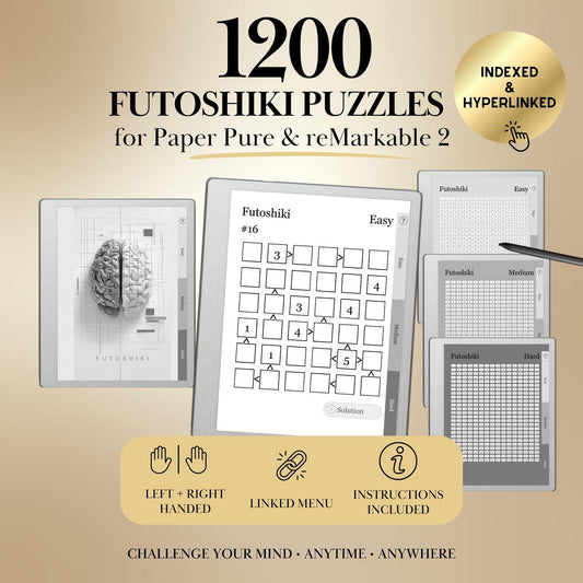 Futoshiki Puzzle Book for reMarkable 2 & reMarkable Paper Pure Templates Hyperlinked reMarkable Activity Game e-ink template