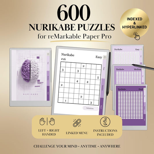 Nurikabe Puzzle Book for reMarkable Paper Pro Template Hyperlinked remarkable Puzzle Game for e-ink tablet Templates