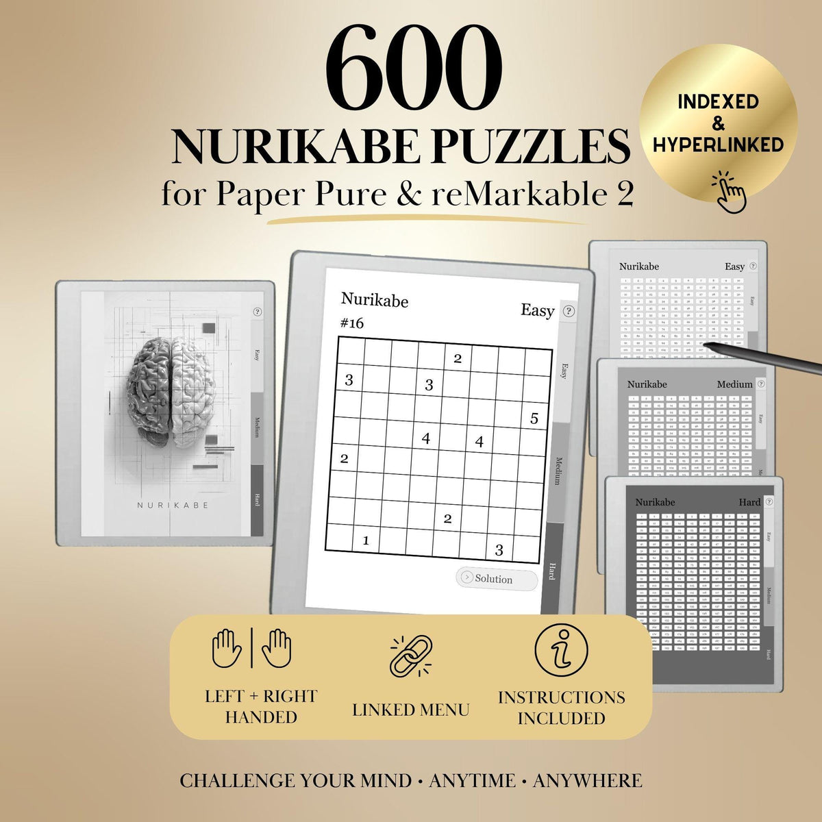 Nurikabe Puzzle Book for reMarkable 2 & reMarkable Paper Pure Templates Hyperlinked reMarkable Activity Game e-ink template