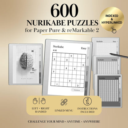 Nurikabe Puzzle Book for reMarkable 2 & reMarkable Paper Pure Templates Hyperlinked reMarkable Activity Game e-ink template
