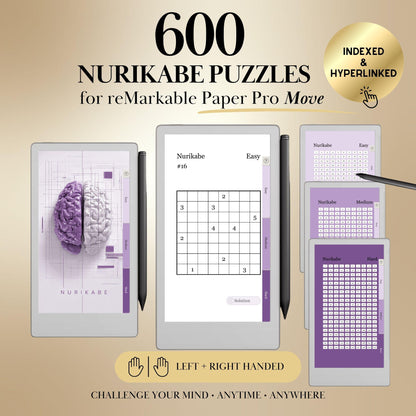 Nurikabe Puzzle Book for reMarkable Paper Pro Move Template: 600 Hyperlinked Brain Games e-ink tablet Templates