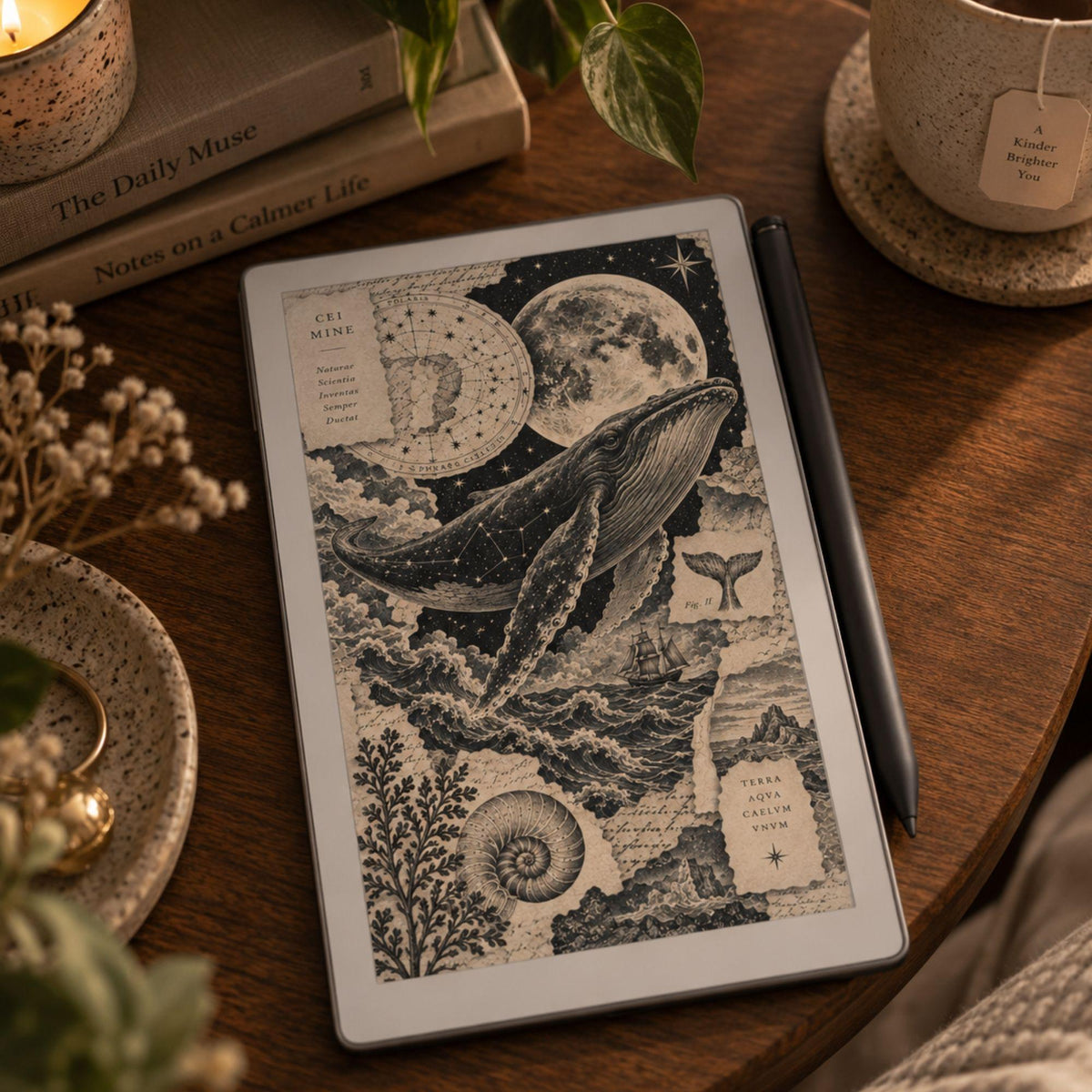reMarkable Paper Pro Move — Antique Collage Sleep Screens, sepia + black & white