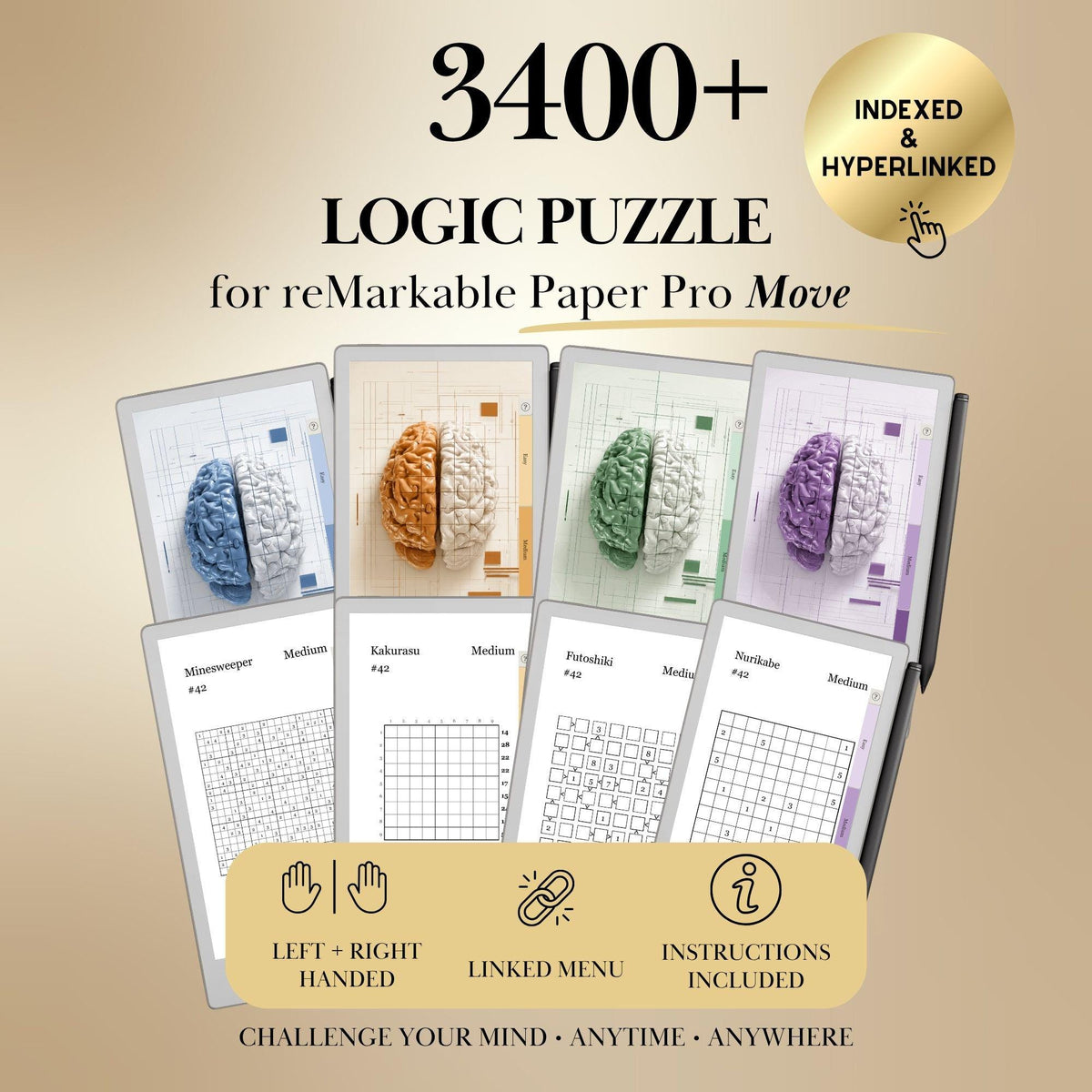 Logic Puzzle Bundle for reMarkable Paper Pro Move | 3400+ Brain Games: Minesweeper, Kakurasu, Futoshiki, and Nurikabe with Hyperlinked Menu