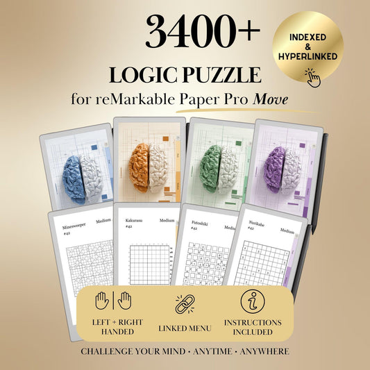 Logic Puzzle Bundle for reMarkable Paper Pro Move | 3400+ Brain Games: Minesweeper, Kakurasu, Futoshiki, and Nurikabe with Hyperlinked Menu