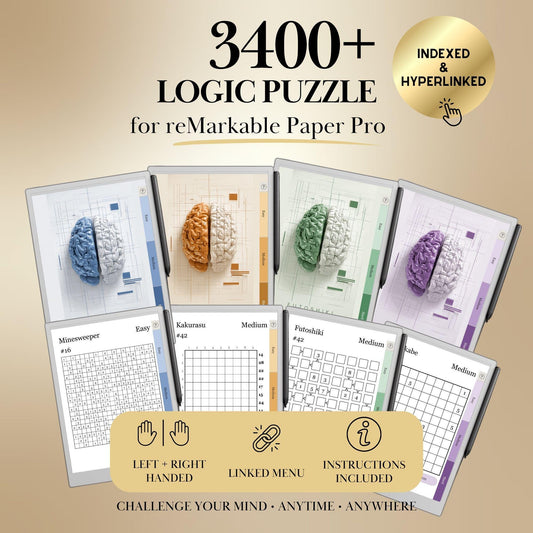 Logic Puzzle Bundle for reMarkable Paper Pro | 3400+ Brain Games | Minesweeper, Kakurasu, Futoshiki and Nurikabe reMarkable Templates