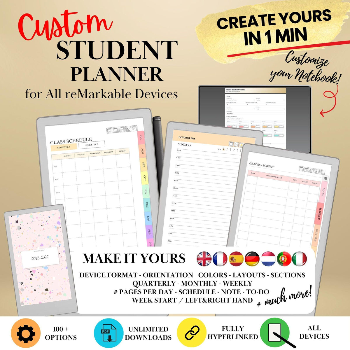 Custom Student Planner Creator for reMarkable Paper Pro, Move, Paper Pure & reMarkable 2 | Academic Year, Grades, Timetable, Assignments
