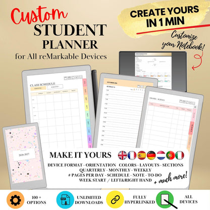 Custom Student Planner Creator for reMarkable Paper Pro, Move, Paper Pure & reMarkable 2 | Academic Year, Grades, Timetable, Assignments